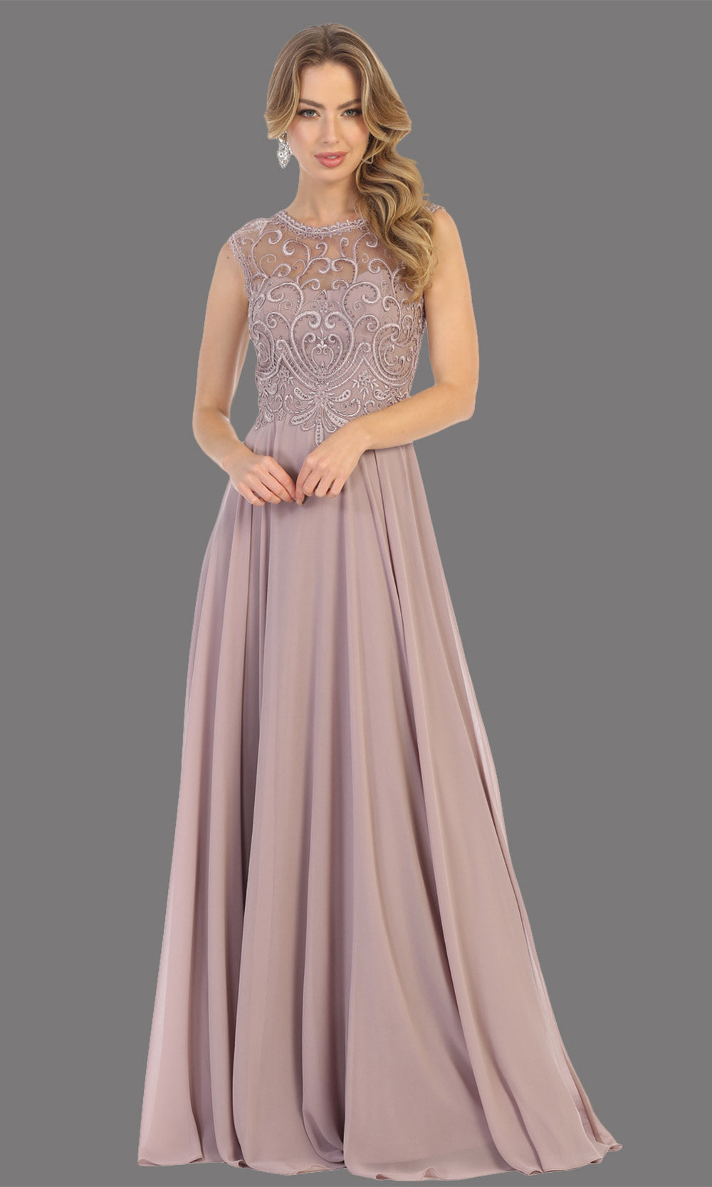 Mayqueen MQ1707 long mauve flowy dress with high neck & high back. This dusty rose dress is perfect for bridesmaid dresses, simple wedding guest dress, prom dress, gala, black tie wedding. Plus sizes are available, evening party dress.jpg