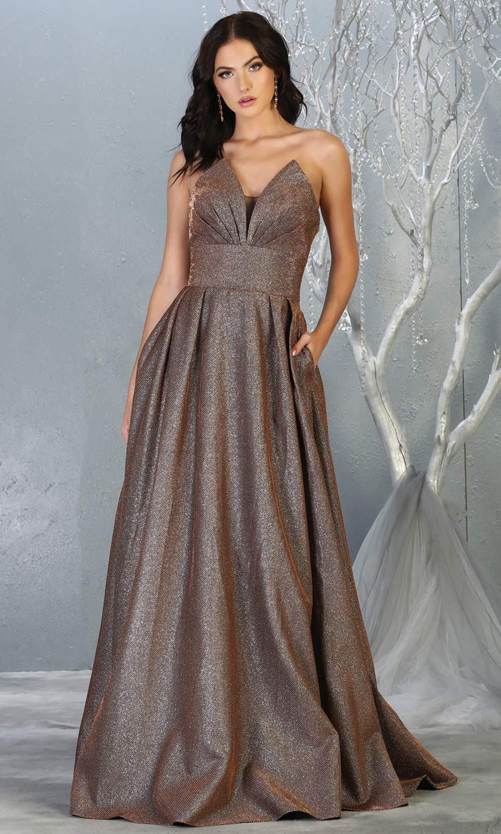 Mayqueen MQ1710 long Bronze metallic strapless flowy dress with pockets. This metallic a-line semi ballgown is perfect for prom, engagement dress, wedding reception dress, quinceanera, debut, sweet 16, formal wedding guest. Plus sizes are available.jpg