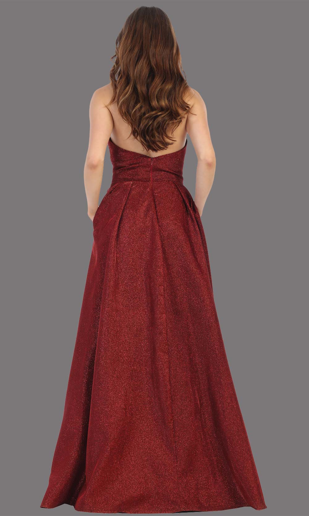 Mayqueen MQ1710 long burgundy metallic strapless flowy dress with pockets.This dark red a-line semi ballgown is perfect for prom, engagement dress, wedding reception dress, quinceanera, debut, sweet 16, formal wedding guest. Plus sizes are available-b