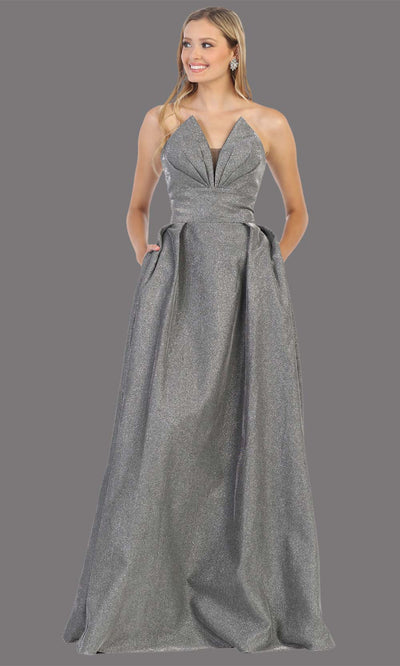 Mayqueen MQ1710 long silver metallic strapless flowy dress with pockets.This dark grey a-line semi ballgown is perfect for prom, engagement dress, wedding reception dress, quinceanera, debut, sweet 16, formal wedding guest. Plus sizes are available