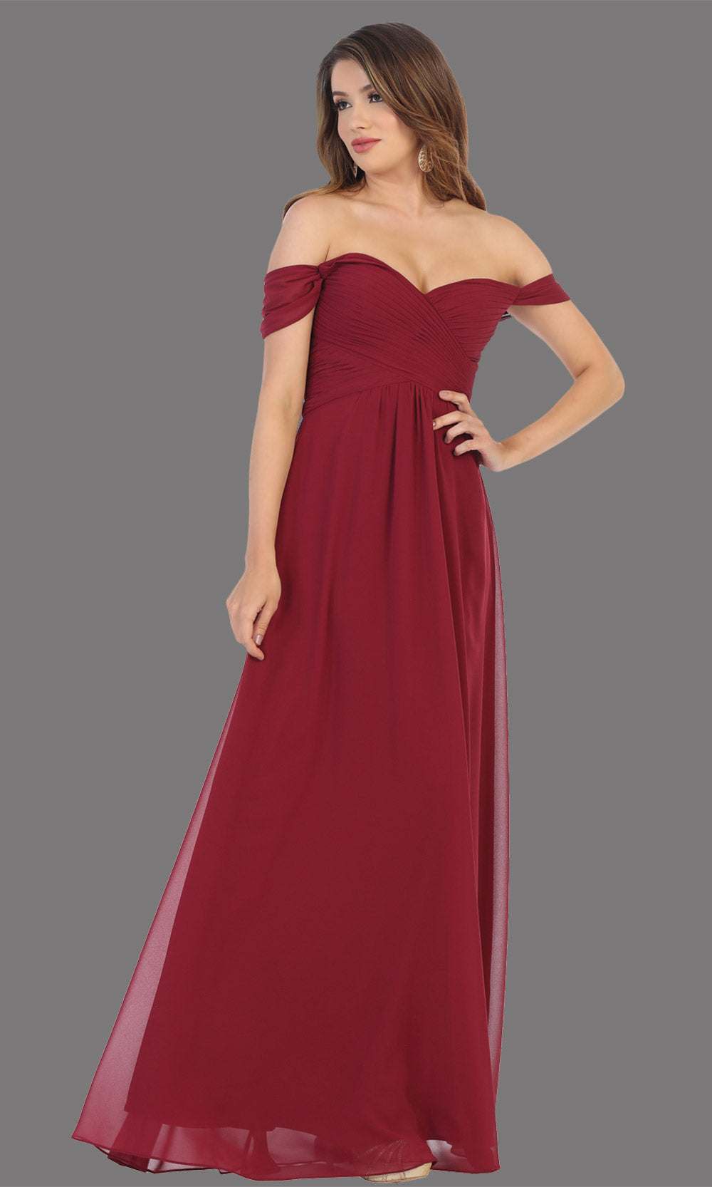 Mayqueen MQ1711 long burgundy flowy off shoulder dress. This dark red dress is perfect for bridesmaid dresses, simple wedding guest dress, prom dress, gala, black tie wedding. Plus sizes are available, evening party dress.jpg