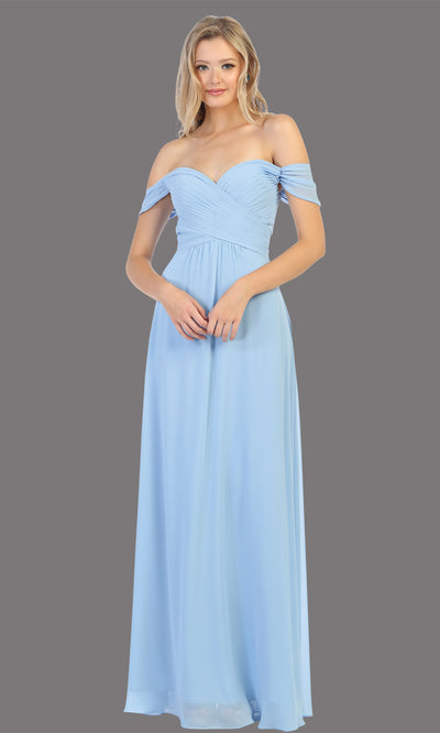 Mayqueen MQ1711 long dusty blue flowy off shoulder dress. This light blue dress is perfect for bridesmaid dresses, simple wedding guest dress, prom dress, gala, black tie wedding. Plus sizes are available, evening party dress.jpg