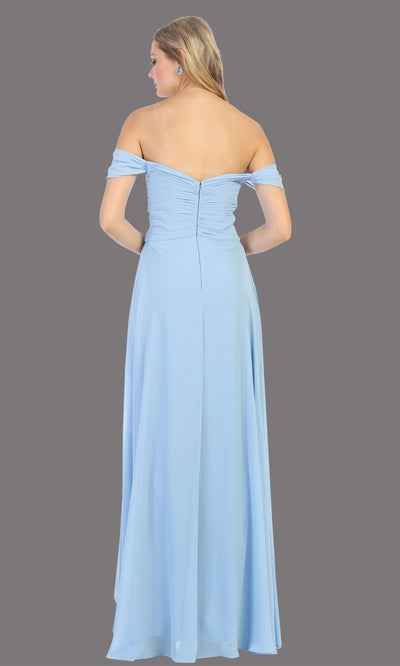 Mayqueen MQ1711 long dusty blue flowy off shoulder dress. This light blue dress is perfect for bridesmaid dresses, simple wedding guest dress, prom dress, gala, black tie wedding. Plus sizes are available, evening party dress-back.jpg