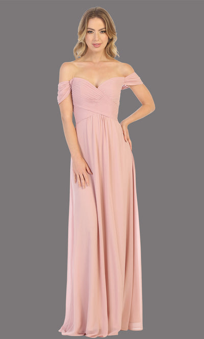 Mayqueen MQ1711 long dusty rose flowy off shoulder dress. This light pink dress is perfect for bridesmaid dresses, simple wedding guest dress, prom dress, gala, black tie wedding. Plus sizes are available, evening party dress.jpg