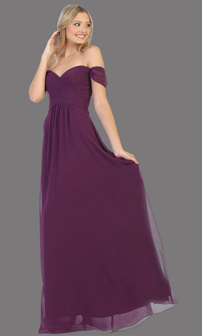 Mayqueen MQ1711 long eggplant flowy off shoulder dress. This dark purple dress is perfect for bridesmaid dresses, simple wedding guest dress, prom dress, gala, black tie wedding. Plus sizes are available, evening party dress.jpg