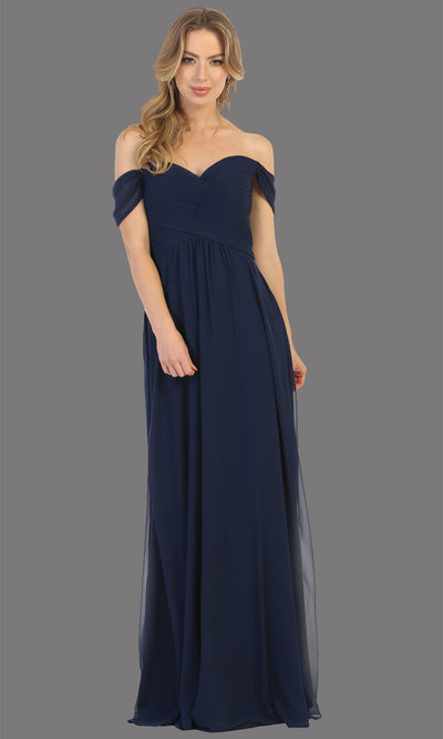 Mayqueen MQ1711 long navy blue flowy off shoulder dress. This dark blue dress is perfect for bridesmaid dresses, simple wedding guest dress, prom dress, gala, black tie wedding. Plus sizes are available, evening party dress.jpg