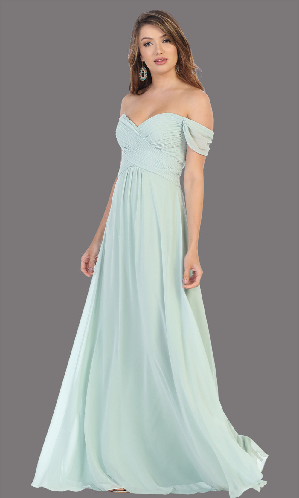 Mayqueen MQ1711 long sage green flowy off shoulder dress. This light green dress is perfect for bridesmaid dresses, simple wedding guest dress, prom dress, gala, black tie wedding. Plus sizes are available, evening party dress.jpg