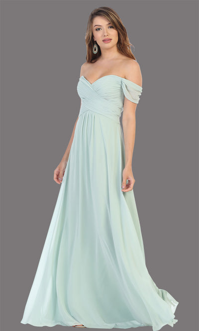 Mayqueen MQ1711 long sage green flowy off shoulder dress. This light green dress is perfect for bridesmaid dresses, simple wedding guest dress, prom dress, gala, black tie wedding. Plus sizes are available, evening party dress.jpg