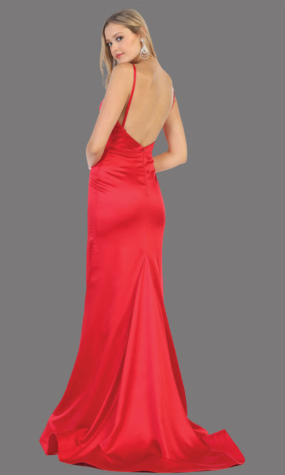 Mayqueen MQ1712 long red dress with high slit, low v back and v neck. Perfect for prom, engagement dress, wedding reception dress, black tie, formal wedding guest dress, sleek and sexy party dress. plus sizes available-back