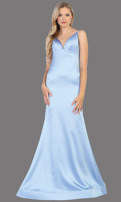 Mayqueen MQ1713 long perry blue satin mermaid dress w/ low v back & v neck. This sleek & sexy dress is Perfect for prom, engagement dress, wedding reception dress, black tie, formal wedding guest dress, sleek and sexy party dress. plus sizes available