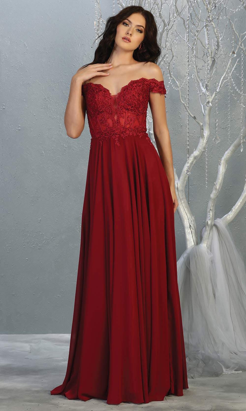 Mayqueen MQ1714 long Burgundy red flowy dress features an off shoulder lace neckline top with a chiffon flowy skirt. Perfect for bridesmaid dresses, simple prom dress, formal wedding guest dress,indowestern party dress,black tie party.Plus sizes avail.jpg