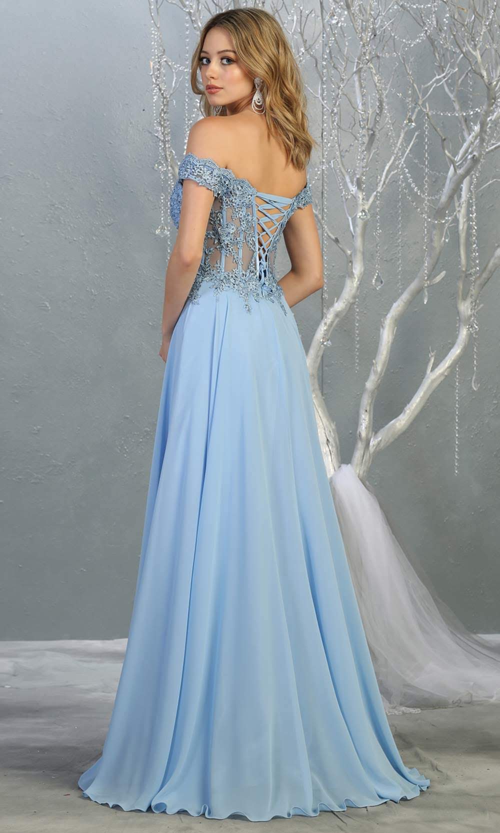 Mayqueen MQ1714 long perry blue flowy dress features an off shoulder lace neckline top with a chiffon flowy skirt. Perfect for bridesmaid dresses, simple prom dress, formal wedding guest dress,indowestern party dress,black tie party.Plus sizes avail-b.jpg