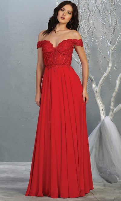 Mayqueen MQ1714 long red flowy dress features an off shoulder lace neckline top with a chiffon flowy skirt. Perfect for bridesmaid dresses, simple prom dress, formal wedding guest dress, indowestern party dress,black tie party. Plus sizes avail.jpg