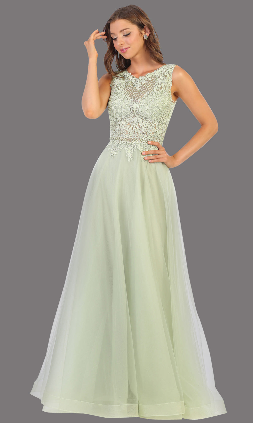 Mayqueen MQ1717 long sage green flowy dress with high neck & high back. This light green dress is perfect for bridesmaid dresses, simple wedding guest dress, prom dress, gala, black tie wedding. Plus sizes are available, evening party dress.jpg