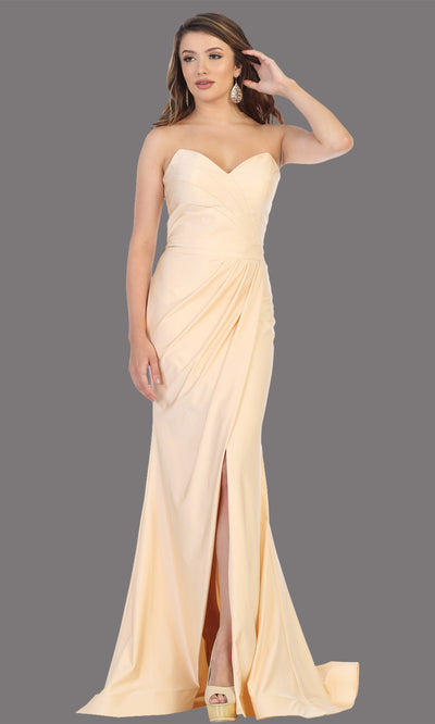 Mayqueen MQ1718 long champagne fitted strapless dress w/high slit. This sleek & sexy light gold dress is perfect as a bridesmaid dress, prom dress, formal wedding guest dress, gala, black tie event, engagement/e-shoot dress. Plus sizes available