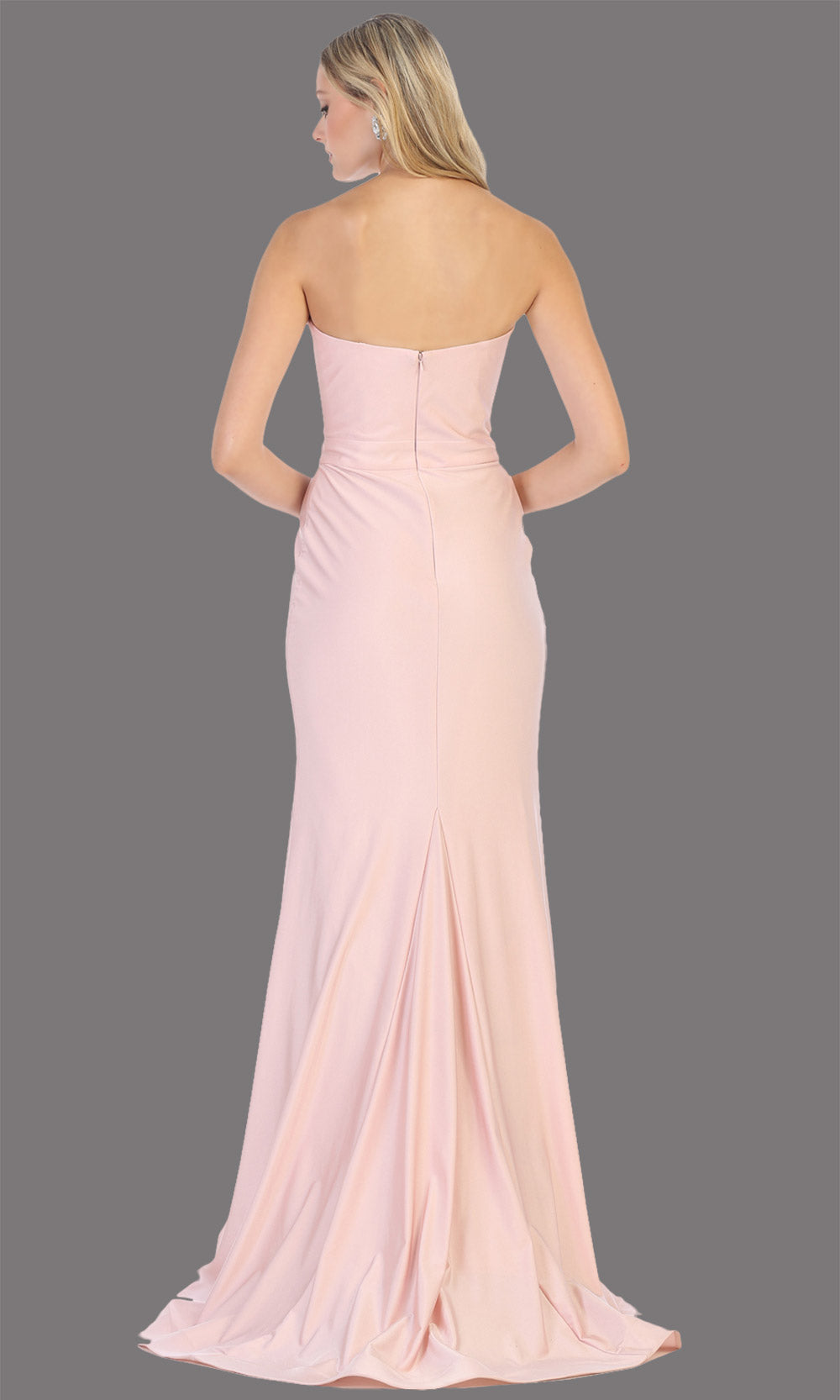 Mayqueen MQ1718 long mauve fitted strapless dress w/high slit. This sleek & sexy dusty rose dress is perfect as a bridesmaid dress, prom dress, formal wedding guest dress, gala, black tie event, engagement/e-shoot dress. Plus sizes available-back