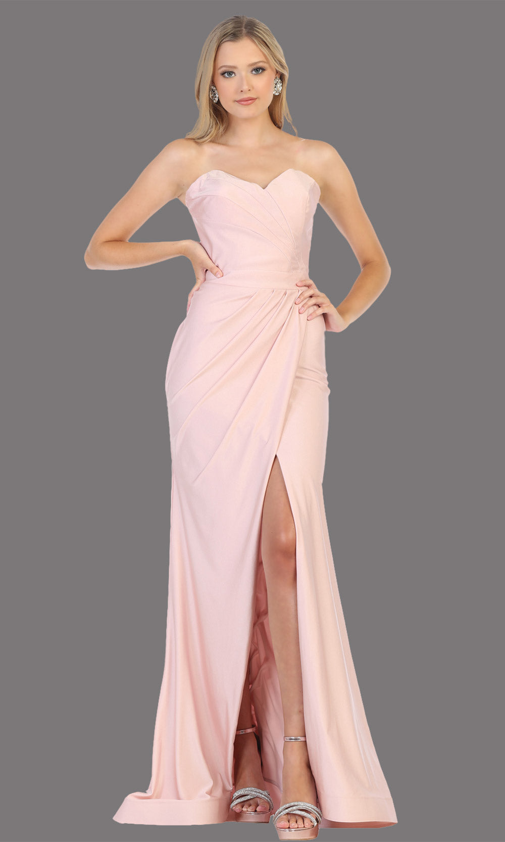 Mayqueen MQ1718 long mauve fitted strapless dress w/high slit. This sleek & sexy dusty rose dress is perfect as a bridesmaid dress, prom dress, formal wedding guest dress, gala, black tie event, engagement/e-shoot dress. Plus sizes available