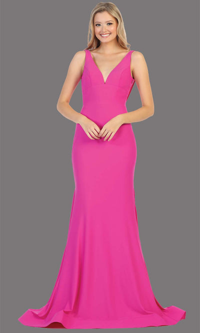 Mayqueen MQ1719 long sleek & sexy magenta pink dress w/ low v neck. This tight fitted mermaid dress w/low back. Magenta formal gown is perfect for prom, engagement/e-shoot dress, formal wedding guest dress, gala, black tie event.Plus sizes avail