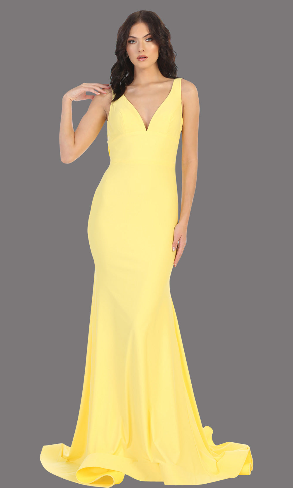 Mayqueen MQ1719 long sleek & sexy yellow dress w/ low v neck. This tight fitted mermaid dress w/low back. Yellow formal gown is perfect for prom, engagement/e-shoot dress, formal wedding guest dress, gala, black tie event.Plus sizes avail