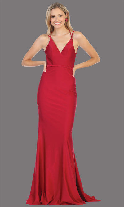 Mayqueen MQ1720 long burgundy red sleek & sexy evening dress w/low v neck & open back dress. This tight fitted dress is perfect for prom, sleek & sexy wedding guest dress, gala, engagement/e-shoot dress, bridesmaid dresses, formal evening party dress