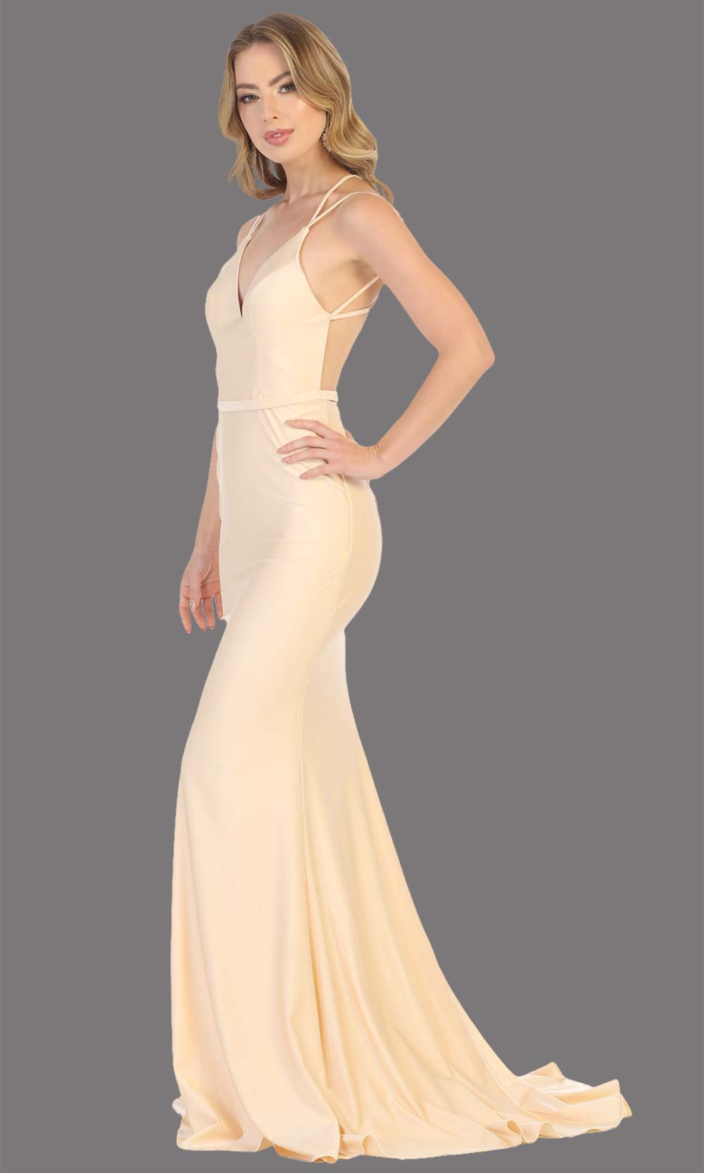 Mayqueen MQ1720 long champagne sleek & sexy evening dress w/low v neck & open back dress. This tight fitted dress is perfect for prom, sleek & sexy wedding guest dress, gala, engagement/e-shoot dress, bridesmaid dresses, formal evening party dress