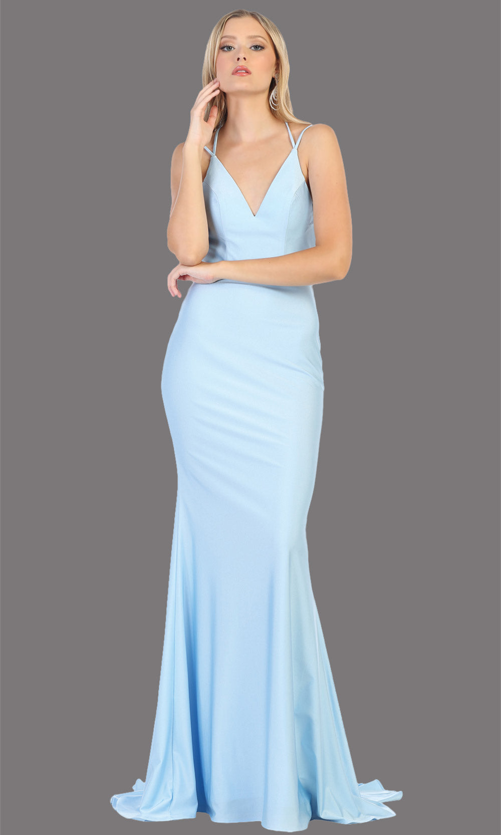 Mayqueen MQ1720 long perry blue sleek & sexy evening dress w/low v neck & open back dress. This tight fitted dress is perfect for prom, sleek & sexy wedding guest dress, gala, engagement/e-shoot dress, bridesmaid dresses, formal evening party dress