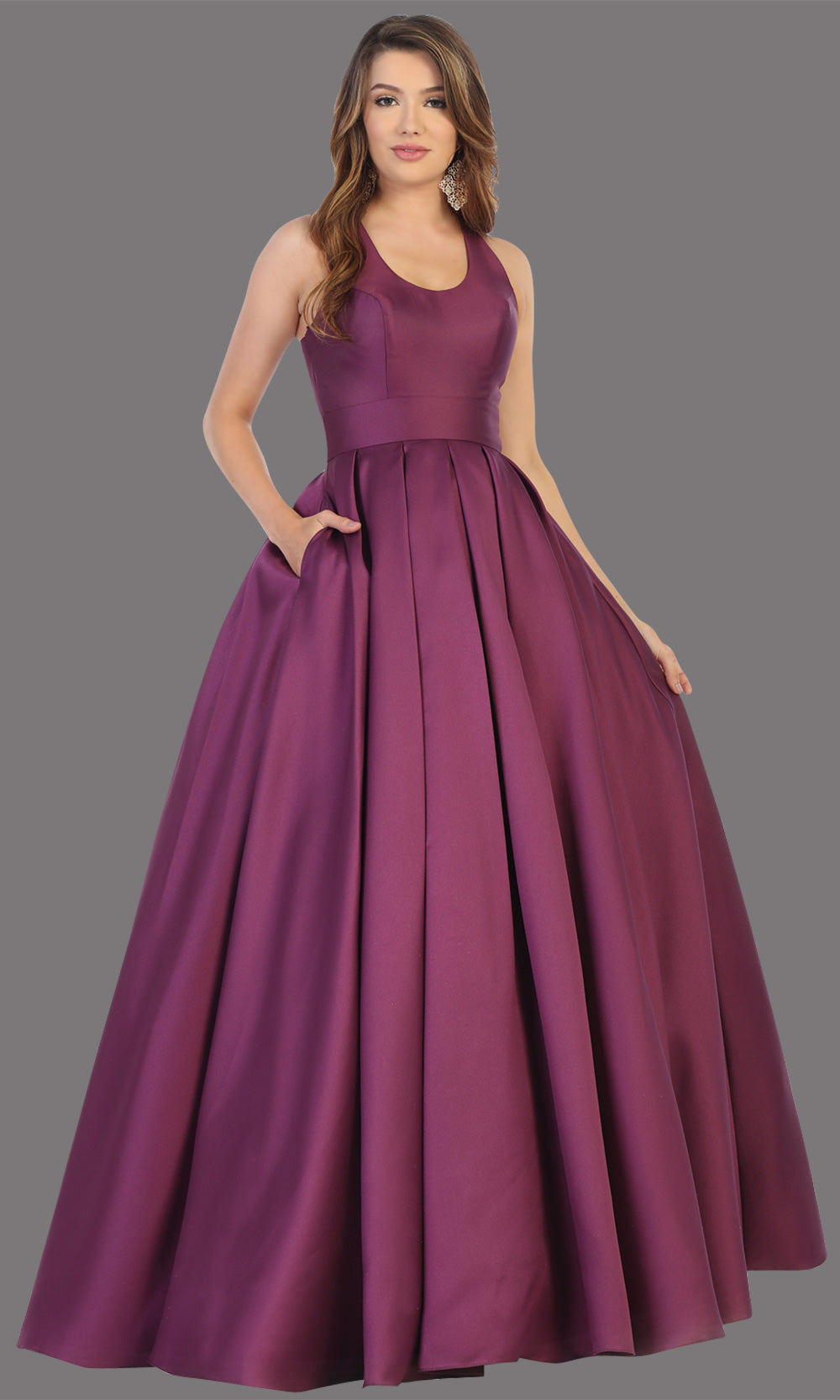 Mayqueen MQ1721-long eggplant semi ballgown w/open back. This simple purple dress is perfect for prom, engagement/e-shoot, wedding reception dress, bridesmaid dresses, formal wedding guest dress, sweet 16 dress, debut. Plus sizes avail