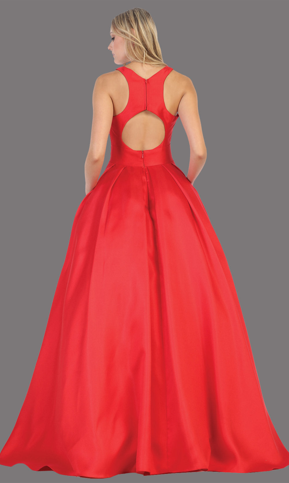 Mayqueen MQ1721-long red semi ballgown w/open back. This simple red dress is perfect for prom, engagement/e-shoot, wedding reception dress, bridesmaid dresses, formal wedding guest dress, sweet 16 dress, debut. Plus sizes avail