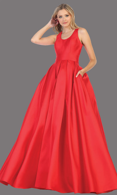 Mayqueen MQ1721-long red semi ballgown w/open back. This simple red dress is perfect for prom, engagement/e-shoot, wedding reception dress, bridesmaid dresses, formal wedding guest dress, sweet 16 dress, debut. Plus sizes avail