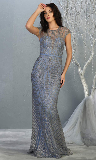 Mayqueen MQ1722 long dusty blue beaded fitted dress w/ high neck. This sleek & sexy modest evening dress is perfect for prom, engagement/e-shoot dress, formal wedding guest dress, wedding reception dress. Plus sizes avail in this blue purple dress.jpg
