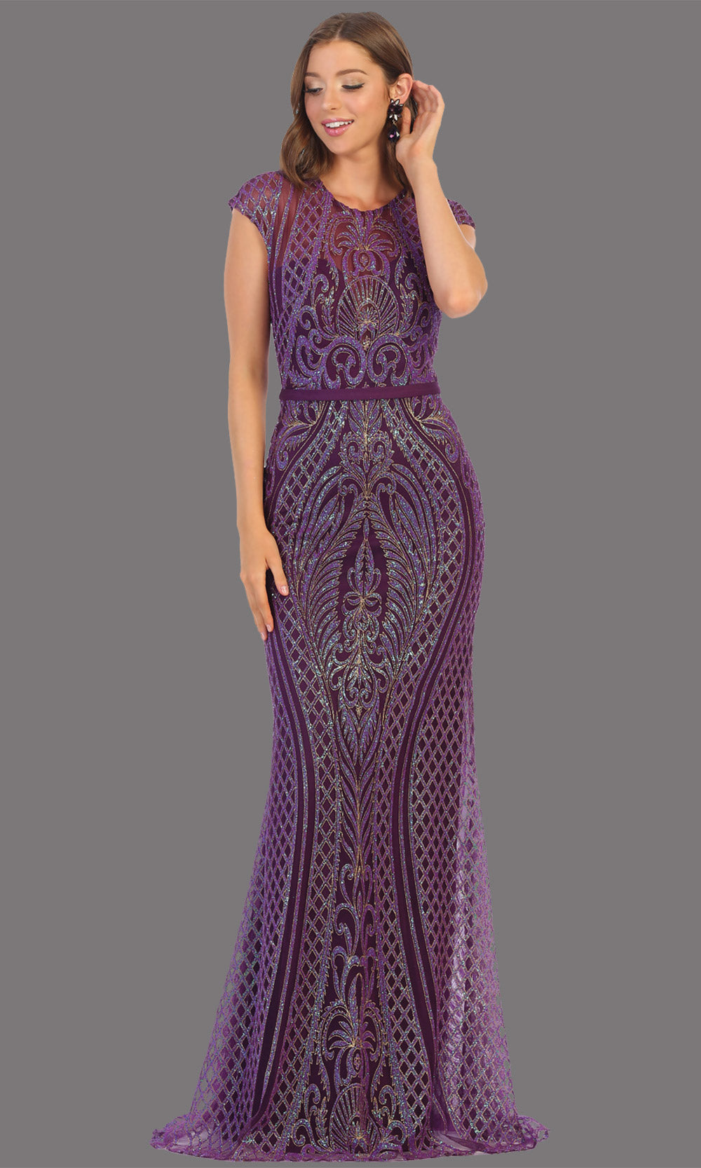 Mayqueen MQ1722 long eggplant beaded fitted dress w/ high neck. This sleek & sexy modest evening purple dress is perfect for prom, engagement/e-shoot dress, formal wedding guest dress, wedding reception dress. Plus sizes avail in dark purple dress