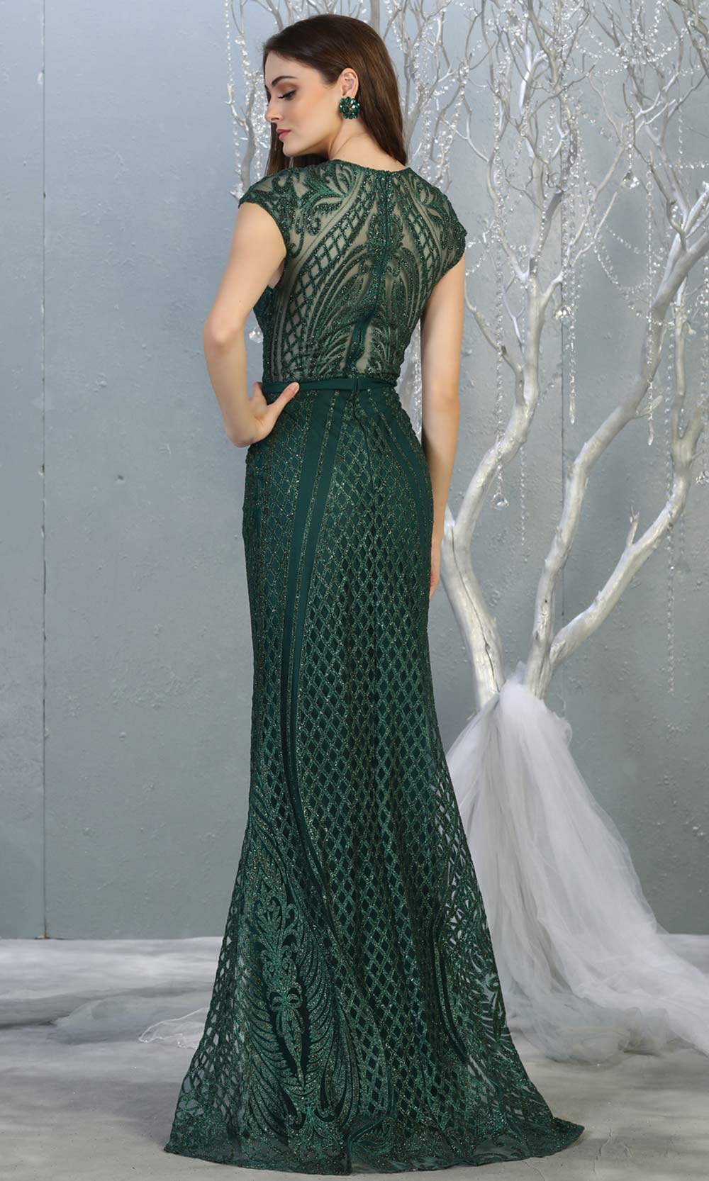 Mayqueen MQ1722 long hunter green beaded fitted dress w/ high neck. This sleek & sexy modest evening dress is perfect for prom, engagement/e-shoot dress, formal wedding guest dress, wedding reception dress. Plus sizes avail in this dark green dress-b.jpg