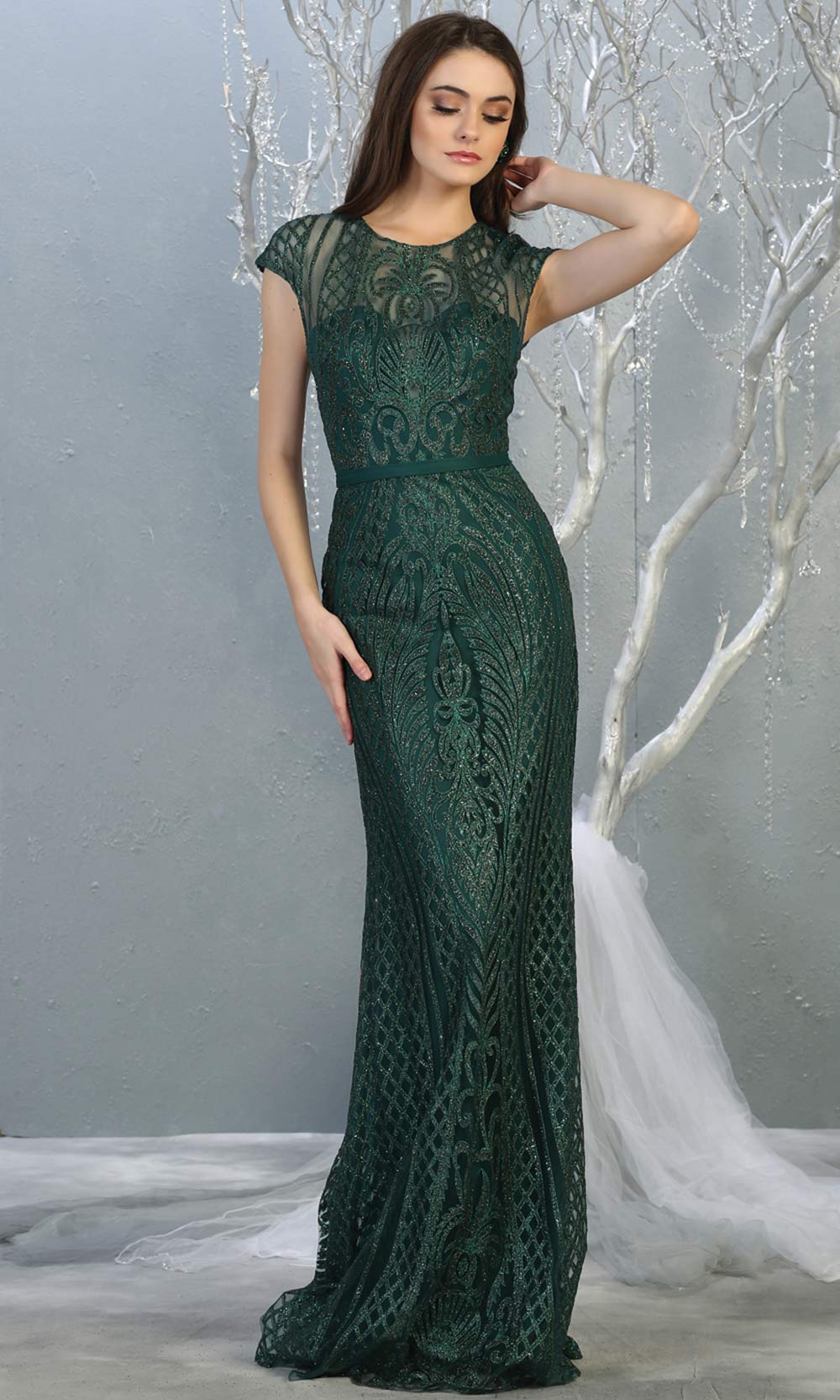 Mayqueen MQ1722 long hunter green beaded fitted dress w/ high neck. This sleek & sexy modest evening dress is perfect for prom, engagement/e-shoot dress, formal wedding guest dress, wedding reception dress. Plus sizes avail in this dark green dress.jpg