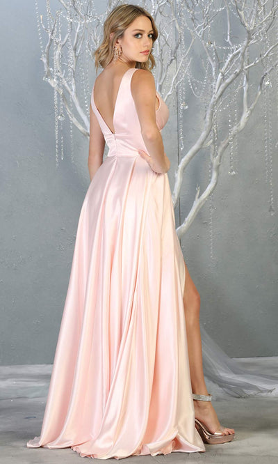 Mayqueen MQ1723 long Blush pink satin dress with v neck, wide straps, & high slit. This long light pink dress is perfect for bridesmaid dresses, summer wedding guest dress, formal evening party dress, prom dress, engagement/e-shoot dress.Plus sizes-b.jpg