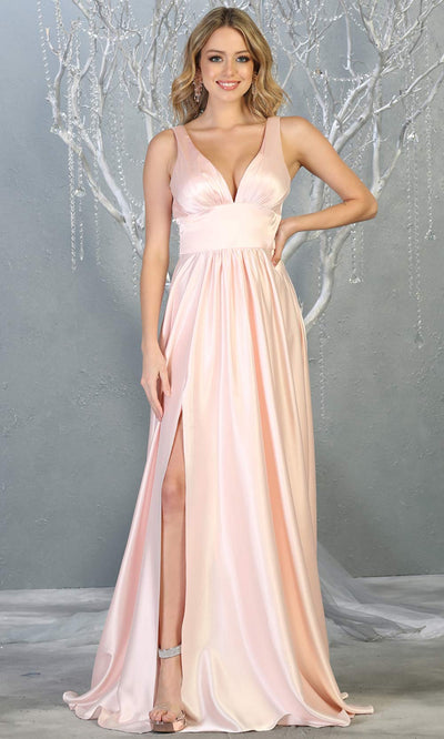 Mayqueen MQ1723 long Blush pink satin dress with v neck, wide straps, & high slit. This long light pink dress is perfect for bridesmaid dresses, summer wedding guest dress, formal evening party dress, prom dress, engagement/e-shoot dress.Plus sizes.jpg
