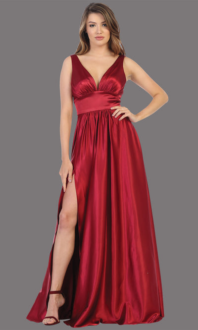 Mayqueen MQ1723 long burgundy red satin dress with v neck, wide straps, & high slit. This long dark red dress is perfect for bridesmaid dresses, summer wedding guest dress, formal evening party dress, prom dress, engagement/e-shoot dress.Plus sizes