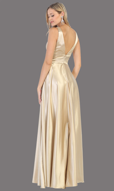 Mayqueen MQ1723 long champagne satin dress with v neck, wide straps, & high slit. This long light gold dress is perfect for bridesmaid dresses, summer wedding guest dress, formal evening party dress, prom dress, engagement/e-shoot dress.Plus sizes-b