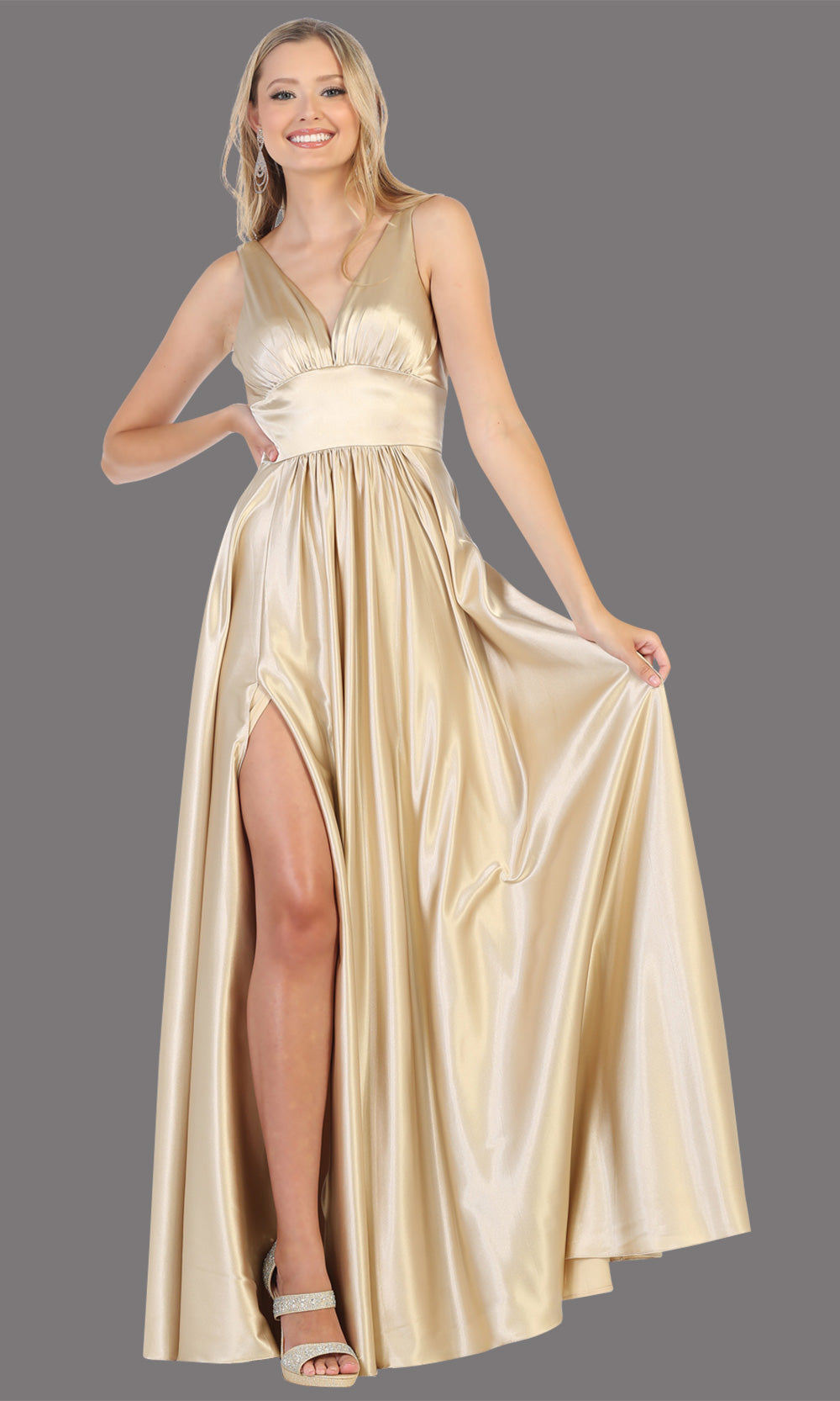 Mayqueen MQ1723 long champagne satin dress with v neck, wide straps, & high slit. This long light gold dress is perfect for bridesmaid dresses, summer wedding guest dress, formal evening party dress, prom dress, engagement/e-shoot dress.Plus sizes