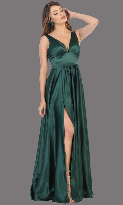 Mayqueen MQ1723 long hunter green satin dress with v neck, wide straps, & high slit. This long dark green dress is perfect for bridesmaid dresses, summer wedding guest dress, formal evening party dress, prom dress, engagement/e-shoot dress.Plus sizes