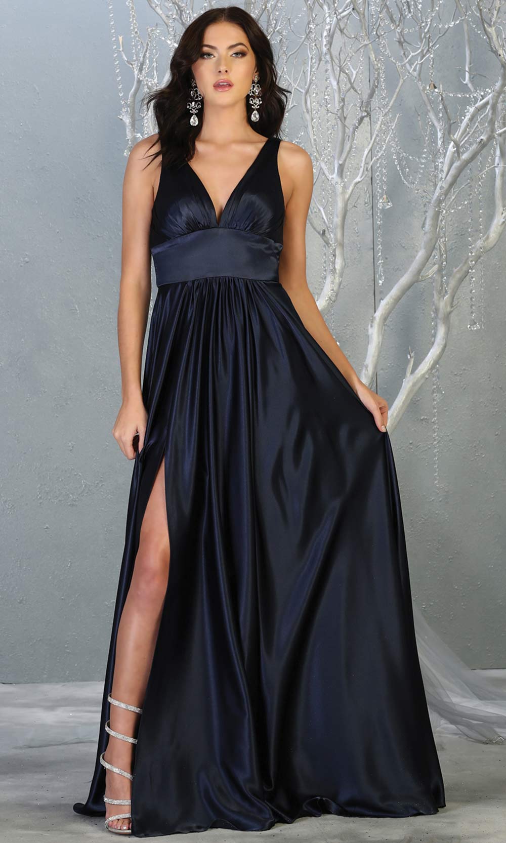 Mayqueen MQ1723 long navy blue satin dress with v neck, wide straps, & high slit. This long dark blue dress is perfect for bridesmaid dresses, summer wedding guest dress, formal evening party dress, prom dress, engagement/e-shoot dress.Plus sizes.jpg