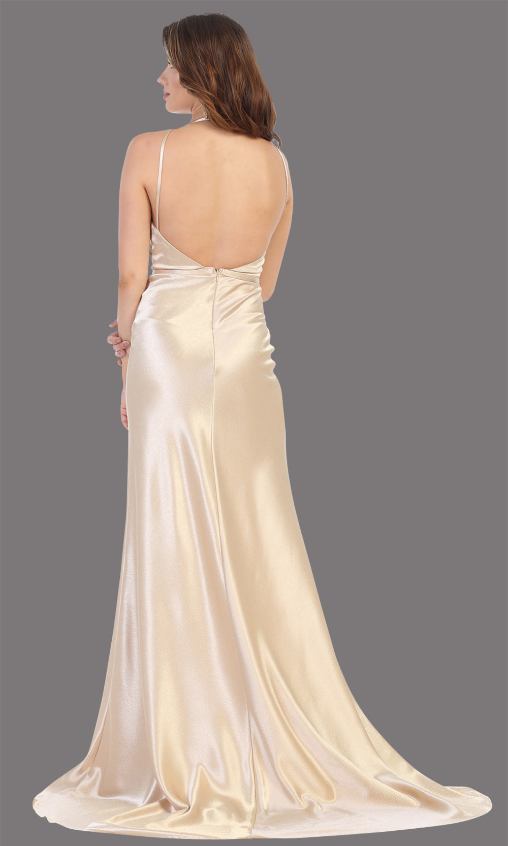 Mayqueen MQ1727 long champagne satin dress w/high slit, halter neck, & open back. This light gold dress is perfect for bridesmaid dresses, wedding guest dress, engagement/e-shoot dress, wedding reception dress, gala, black tie event.Plus sizes avail-b