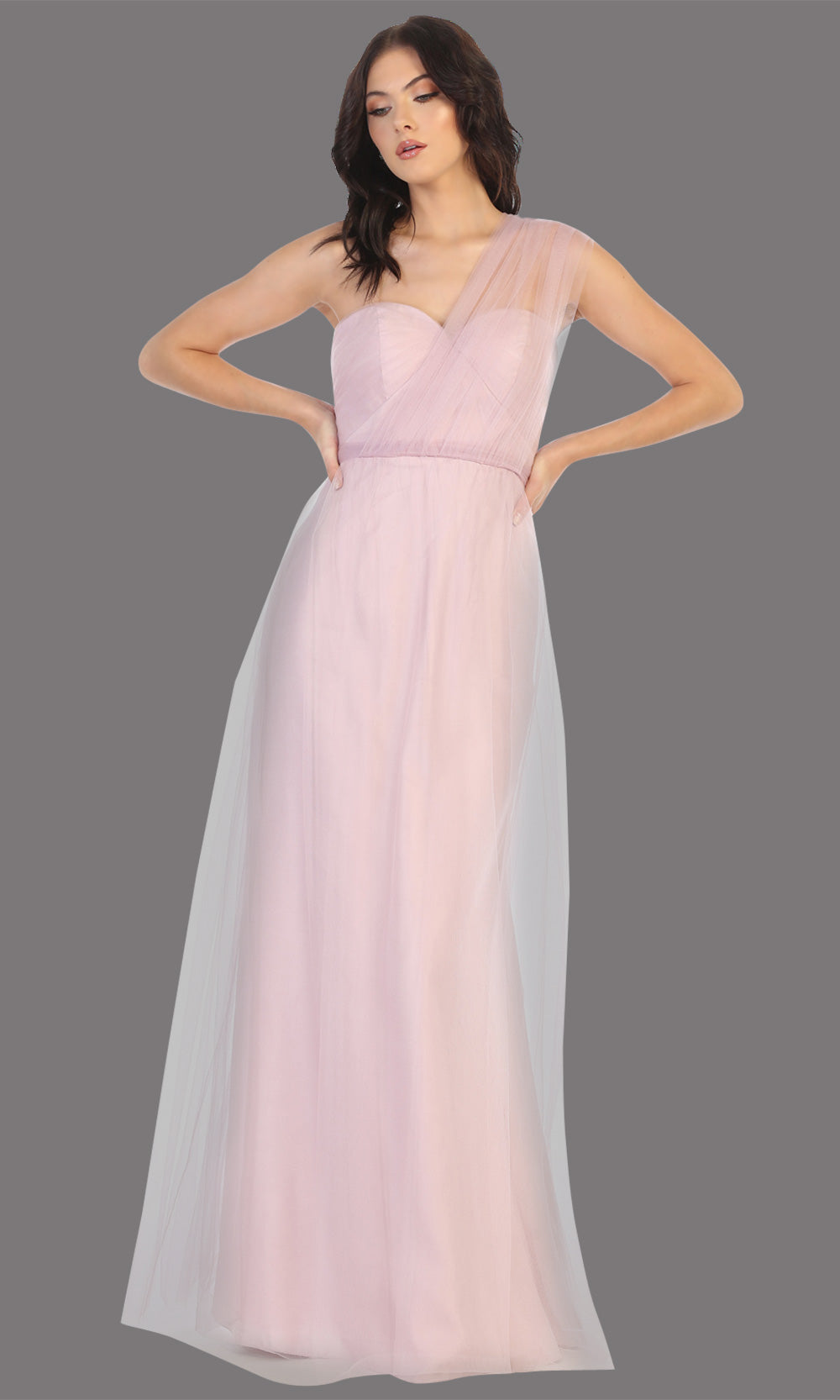 Mayqueen MQ1728 long mauve flowy tulle mesh dress.Dusty rose evening dress is perfect for bridesmaid dresses,formal wedding guest party dress.This multiway convertible tulle dress allows you to wear a dress w/different necklines.Plus sizes avai