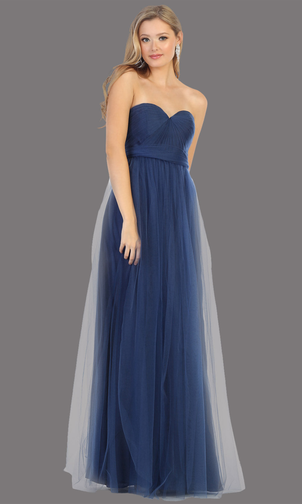 Mayqueen MQ1728 long navy blue flowy tulle mesh dress. Dark blue evening dress is perfect for bridesmaid dresses,formal wedding guest party dress.This multiway convertible tulle dress allows you to wear a dress w/different necklines.Plus sizes avail