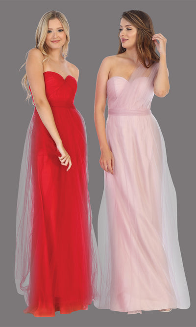 Mayqueen MQ1728 long red flowy tulle mesh dress. Red evening dress is perfect for bridesmaid dresses,formal wedding guest party dress.This multiway convertible tulle dress allows you to wear a dress w/different necklines.Plus sizes avail