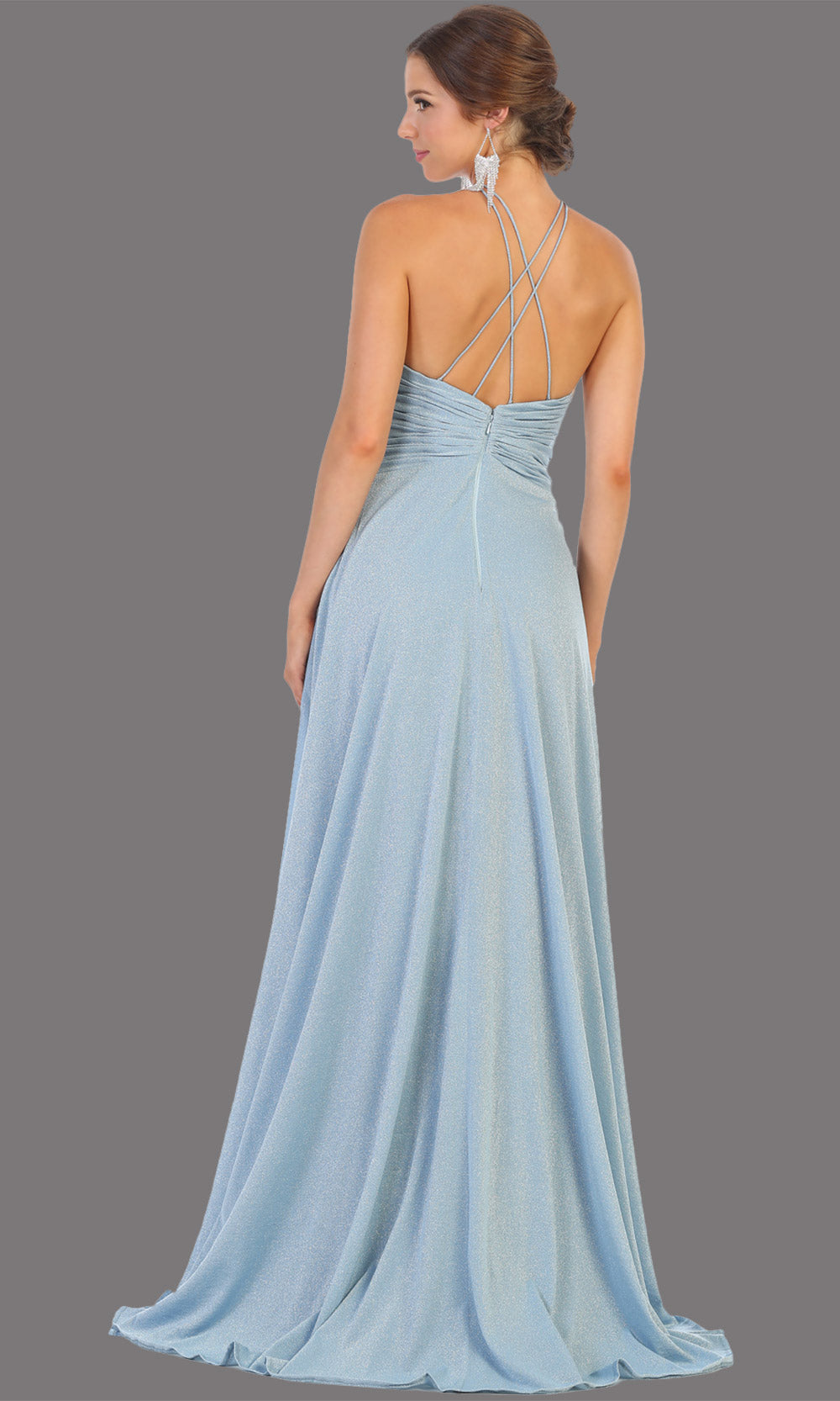 Mayqueen MQ1729 long dusty blue flowy dress w/ high neck & high slit. This light blue dress is perfect for bridesmaid dresses, simple wedding guest dress, prom dress, gala, black tie wedding. Plus sizes are available, evening party dress-b.jpg