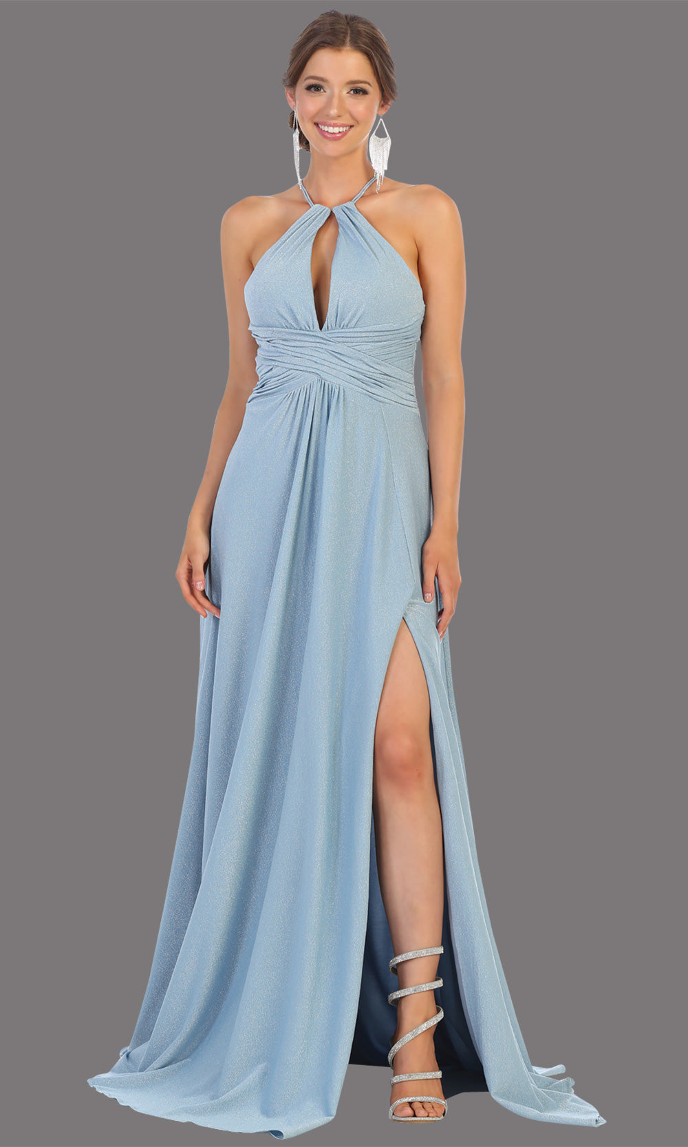 Mayqueen MQ1729 long dusty blue flowy dress w/ high neck & high slit. This light blue dress is perfect for bridesmaid dresses, simple wedding guest dress, prom dress, gala, black tie wedding. Plus sizes are available, evening party dress.jpg