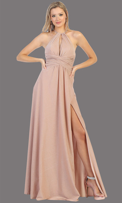 Mayqueen MQ1729 long rose gold flowy dress w/ high neck & high slit. This light pink dress is perfect for bridesmaid dresses, simple wedding guest dress, prom dress, gala, black tie wedding. Plus sizes are available, evening party dress.jpg
