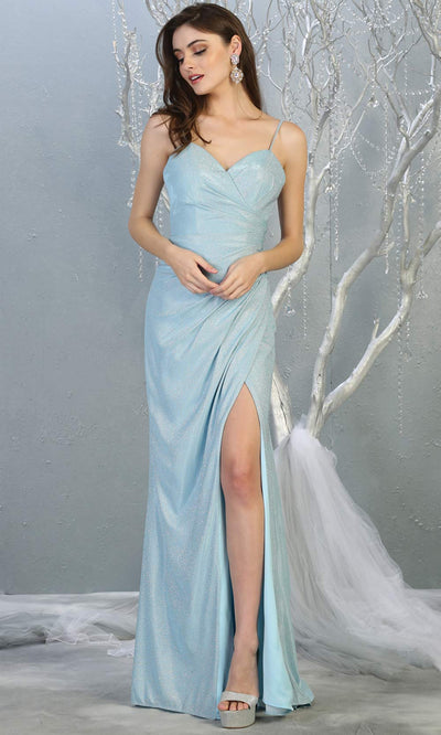 Mayqueen MQ1730-long baby blue metallic dress with high slit & thin straps. This tight fitted light blue dress is perfect for formal wedding guest dress, engagement dress, e-shoot dress. This light blue dress is available in plus sizes.jpg