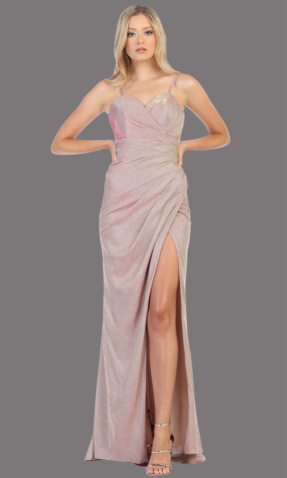 Mayqueen MQ1730-long rose gold metallic dress with high slit & thin straps. This tight fitted rose gold dress is perfect for formal wedding guest dress, engagement dress, e-shoot dress. This hunter green dress is available in plus sizes