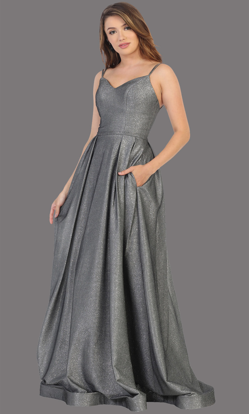 Mayqueen MQ1731 long flowy metallic charcoal grey dress w/ thin straps. This metallic grey flowy, a-line evening dress is perfect as a formal wedding guest dress, sweet 16 dress, quinceanera dress, prom 2020 dress, debut, indowestern gown. Plus sizes